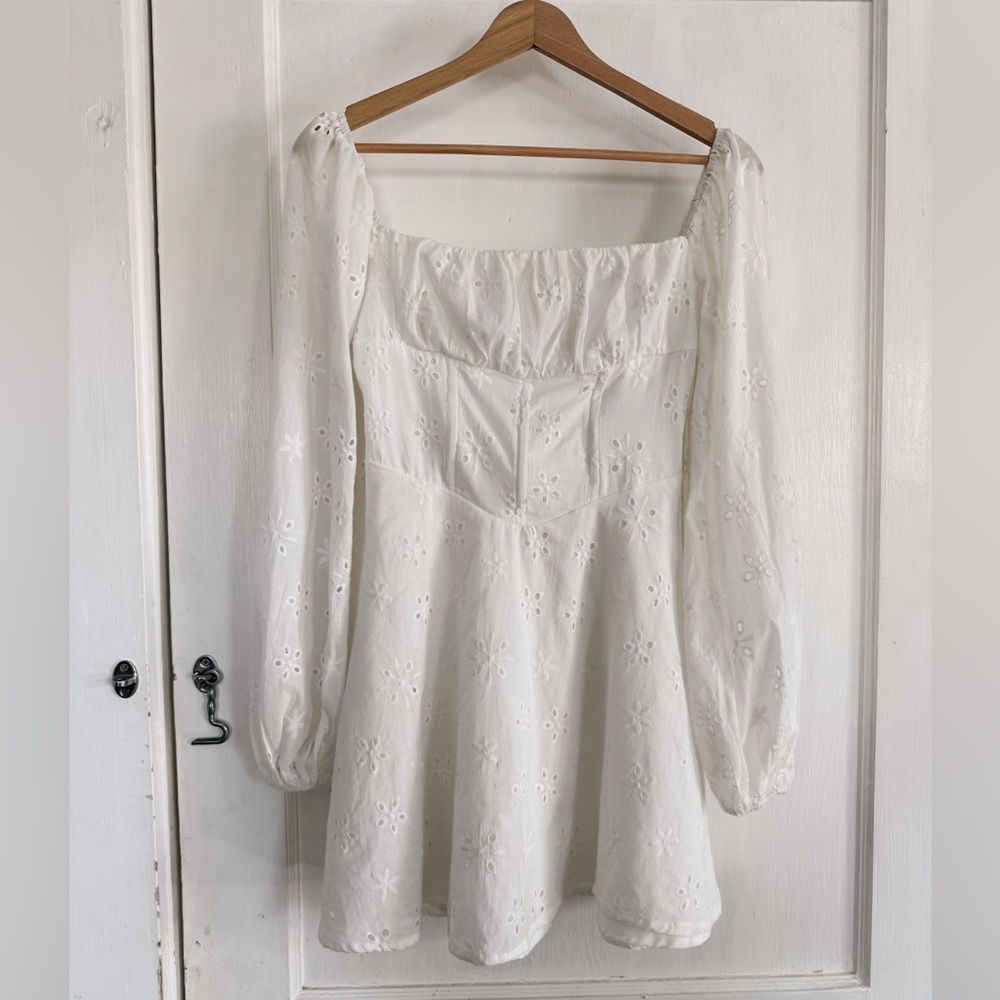 Princess Polly White Cotton Eyelet Long Sleeve Mini Dress